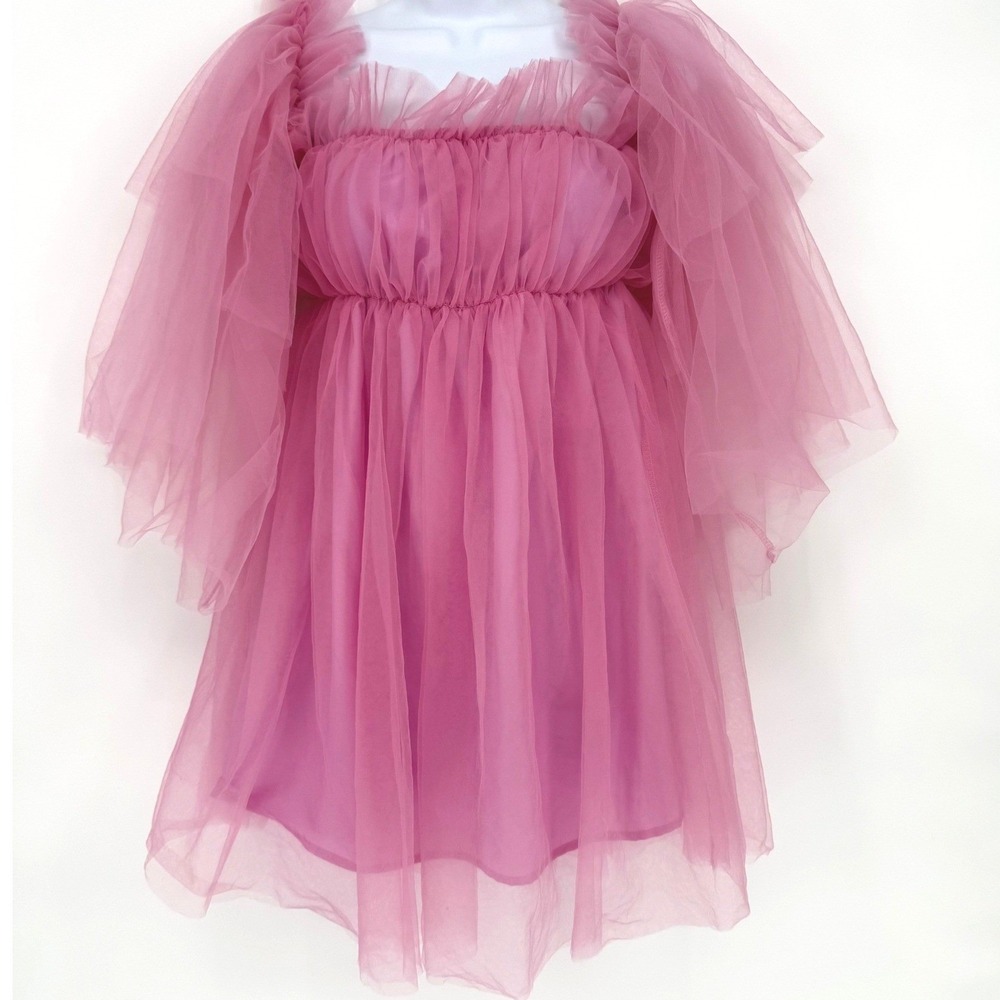 Pink Tulle Mini Dress Sheer Flutter Sleeve Empire Waist Dress Fairy‎ Coquette XS